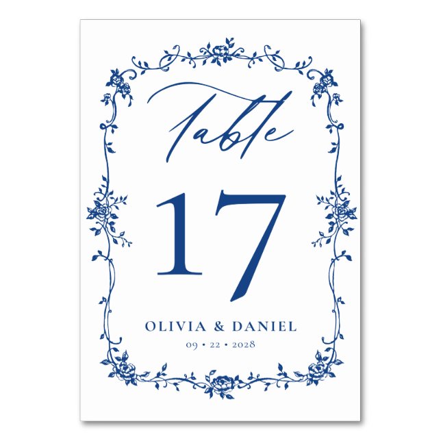Victorian French Navy Blue Elegant Wedding Table Number (Front)