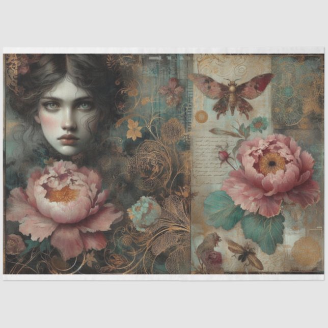 Victorian French Peony Rose Ephemera Decoupage Tissue Paper (Front)