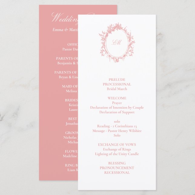 Victorian French Pink Toile Wedding Programme (Front/Back)