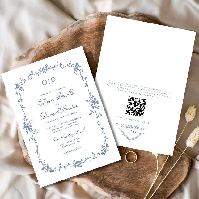 Victorian French QR Code Floral Wedding Monogram Invitation | Zazzle