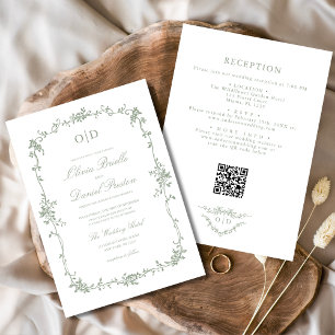Victorian French QR Code Sage Green Floral Wedding Invitation