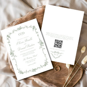 Victorian French QR Code Sage Green Wedding Invitation
