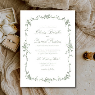 Victorian French Sage Green Floral Elegant Wedding Invitation