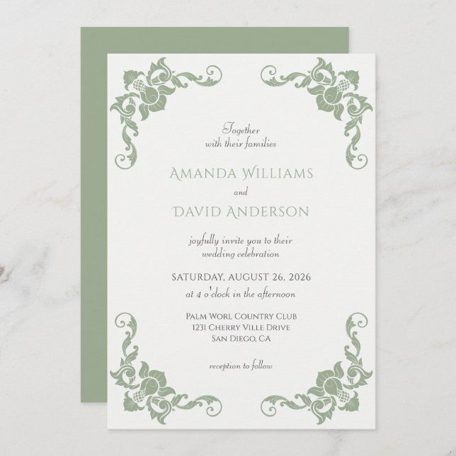 Victorian French Sage Green Wedding Invitation (Front/Back)