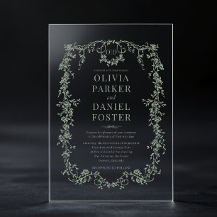 Victorian French Sage Green Wedding Monogram Acrylic Invitations