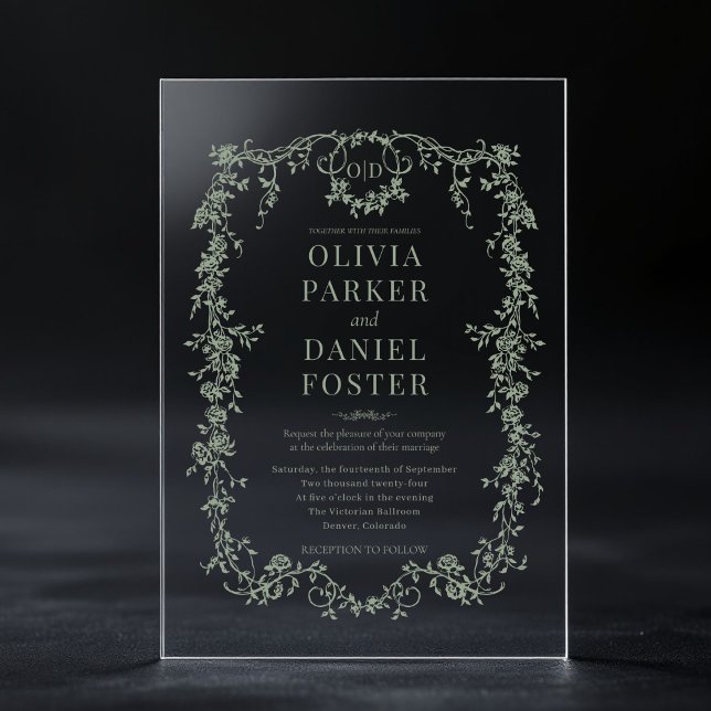 Victorian French Sage Green Wedding Monogram Acrylic Invitations (Creator Uploaded)