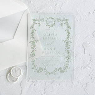 Victorian French Sage Green Wedding Monogram Acrylic Invitations