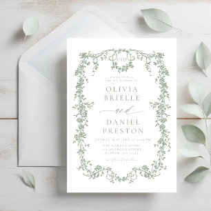 Victorian French Sage Green Wedding Monogram Invitation