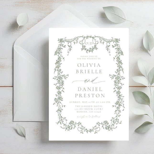 Victorian French Sage Green Wedding Monogram Invitation (Creator Uploaded)