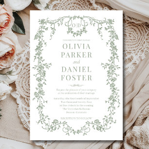 Victorian French Sage Green Wedding Monogram Invitation