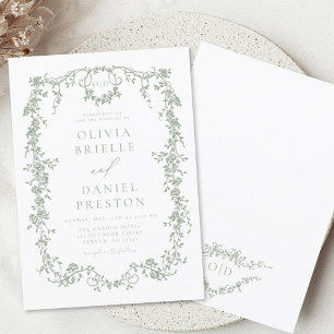 Victorian French Sage Green Wedding Monogram Invitation