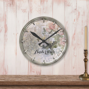 Victorian French Style Floral Old Handwriting Round Clock