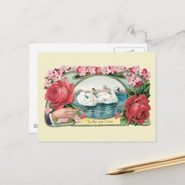 Victorian Friendship Roses and Swans Postcard (Front/Back In Situ)