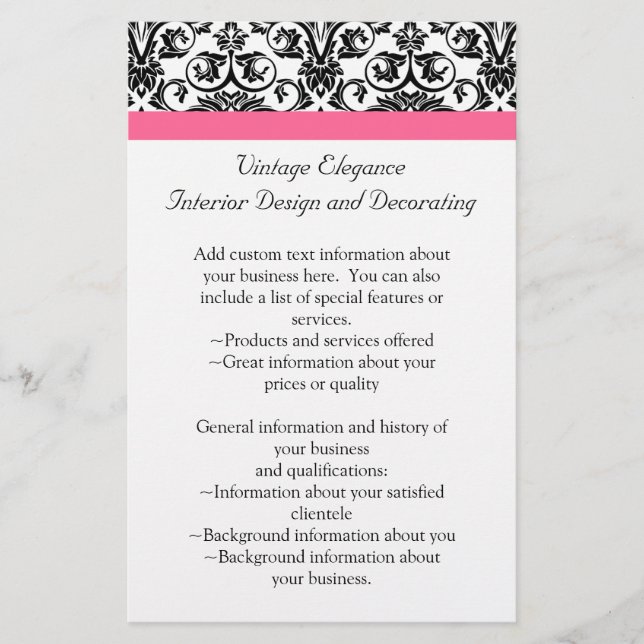 Victorian Fuchsia Pink and White Damask Flyer (Front)