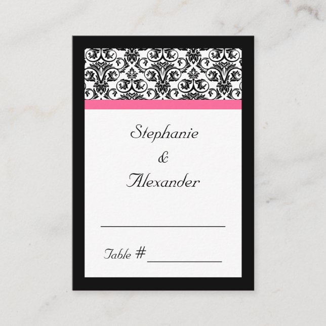 Victorian Fuchsia Pink and White Damask Place Card (Front)