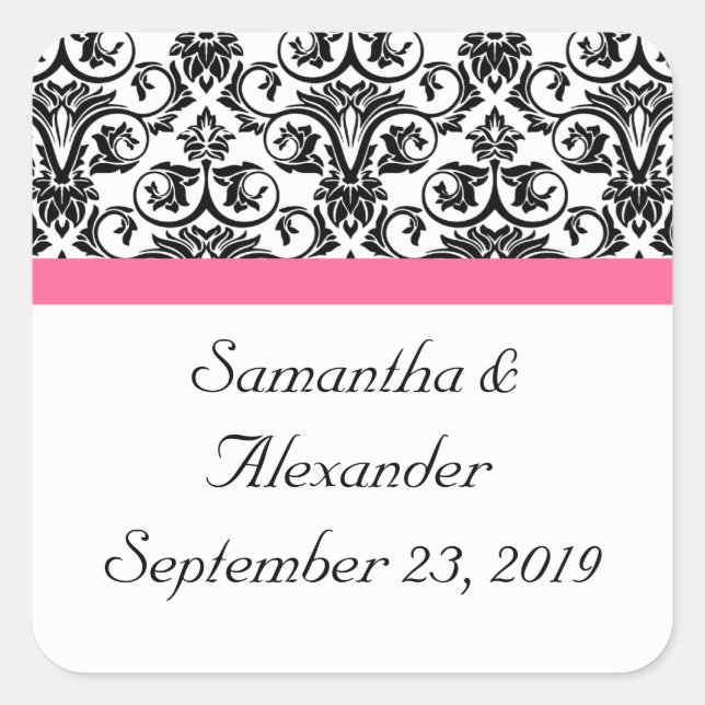 Victorian Fuchsia Pink and White Damask Square Sticker (Front)