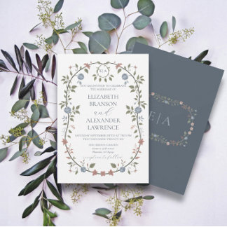 Victorian Garden Dusty Blue Monogram Invitation V2