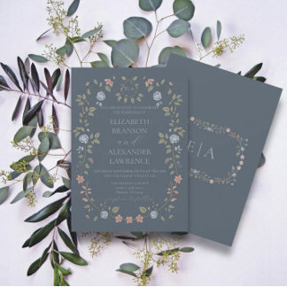 Victorian Garden Dusty Blue Monogram Invitation V3