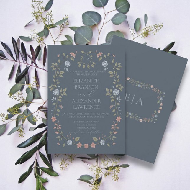 Victorian Garden Dusty Blue Monogram Invitation V3 (Creator Uploaded)