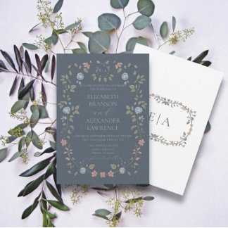 Victorian Garden Dusty Blue Monogram Invitation V4