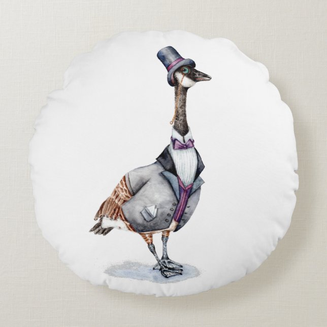Victorian Gentleman Goose in a Top Hat Round Cushion (Front)