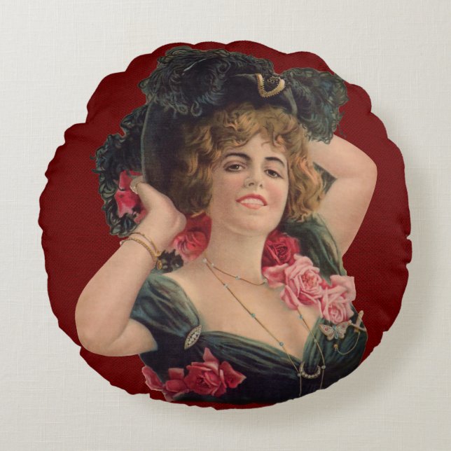 Victorian Gibson Girl Roses Flowers Art Nouveau Round Cushion (Front)