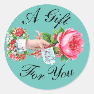Victorian Gift Sticker Pink Rose & Vintage Hand