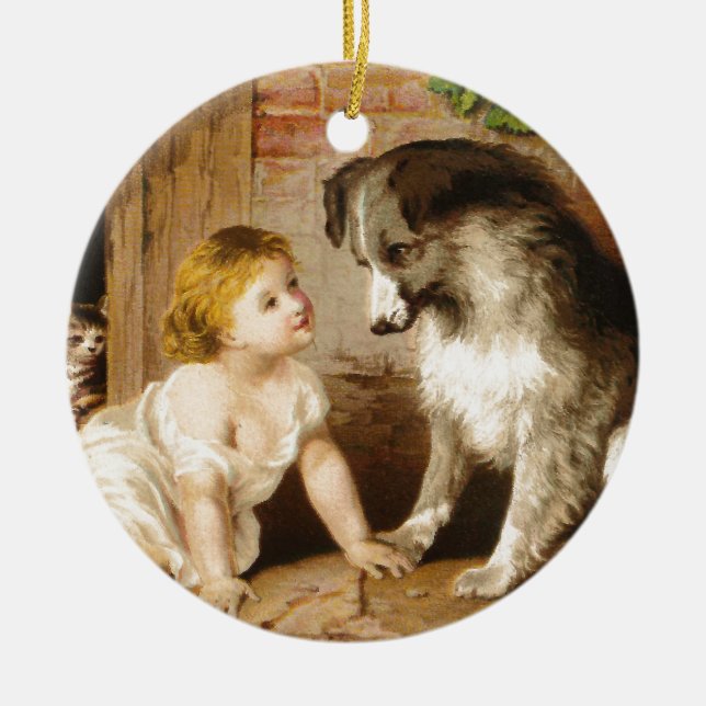 Victorian Girl and Her Dog Ceramic Tree Decoration (Front)