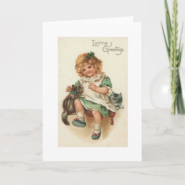 Victorian Girl And Kittens St. Patrick's Day Card (Front)