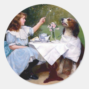Victorian Girl and Pet Dog Table Manners painting Classic Round Sticker