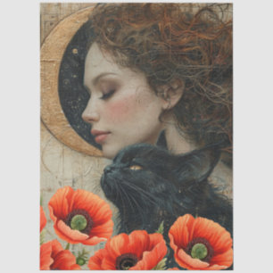 Victorian Girl Black Cat Red Poppies Abstract Art  Tissue Paper