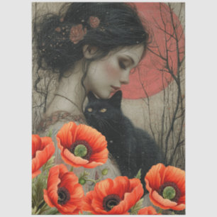 Victorian Girl Black Cat Red Poppies Abstract Art  Tissue Paper