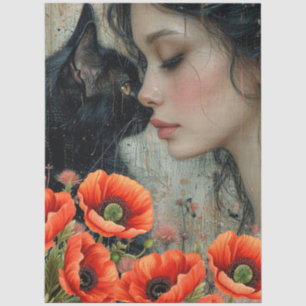 Victorian Girl Black Cat Red Poppies Abstract Art  Tissue Paper