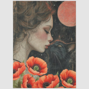 Victorian Girl Black Cat Red Poppies Abstract Art  Tissue Paper