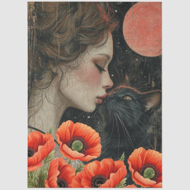 Victorian Girl Black Cat Red Poppies Abstract Art  Tissue Paper (Front)