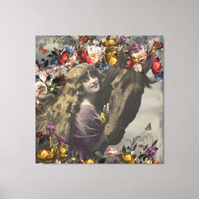 Victorian Girl & Black Horse Floral Collage Canvas Print (Front)