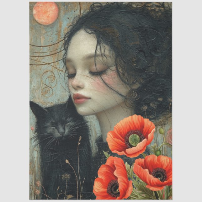 Victorian Girl Cat Moon Red Poppies Abstract Art  Tissue Paper (Front)