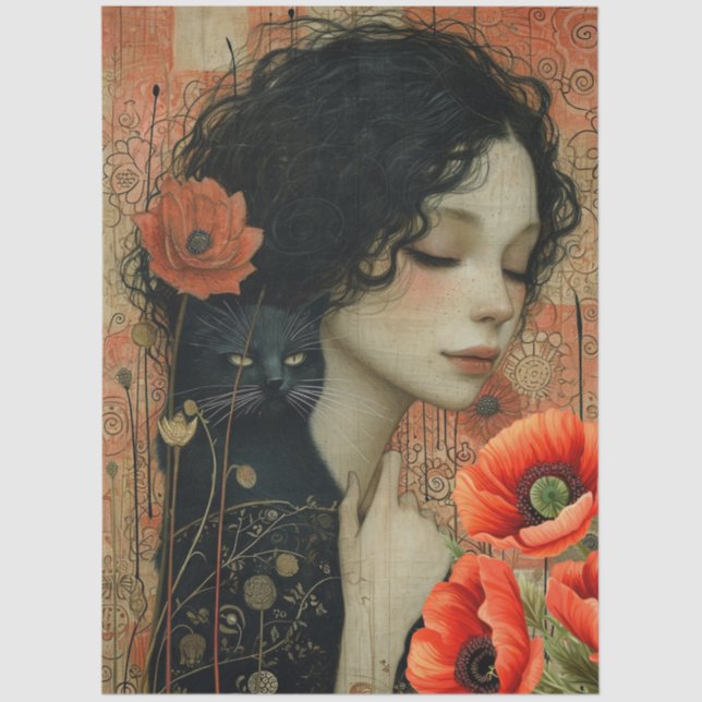 Victorian Girl Cat Moon Red Poppies Abstract Art  Tissue Paper (Front)