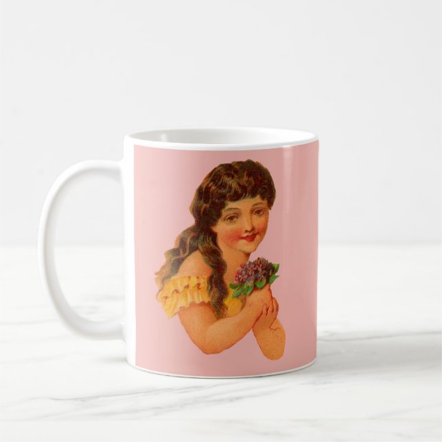 Victorian girl holding violets coffee mug (Left)