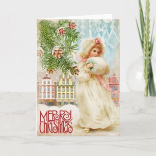Victorian Girl in Fur Coat Christmas Card