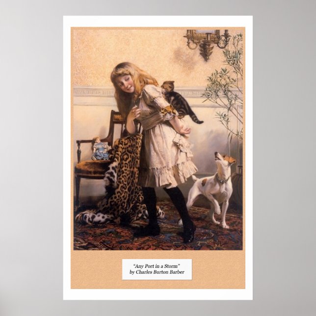 Victorian Girl Kittens Dog "Any Port in a Storm" Poster (Front)