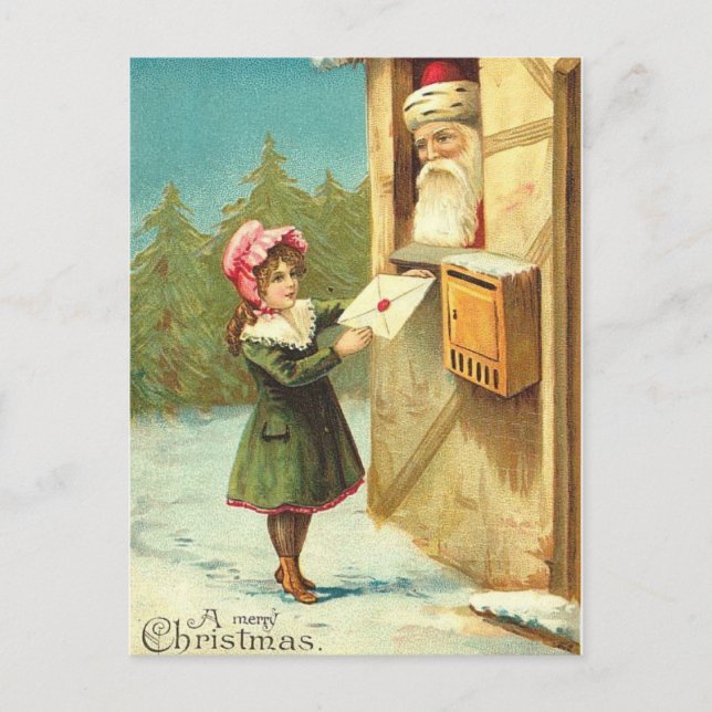 Victorian Girl Mailing Her Letter to Santa Holiday Postcard (Front)