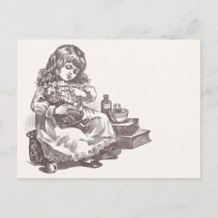 Victorian Girl Medicating Dolly Postcard
