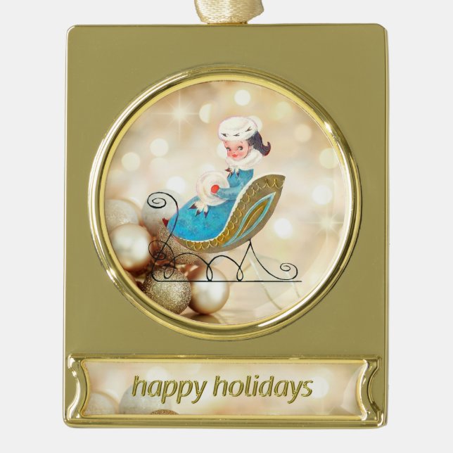Victorian Girl on Old Fashioned Sled Gold Plated Banner Ornament (Front)