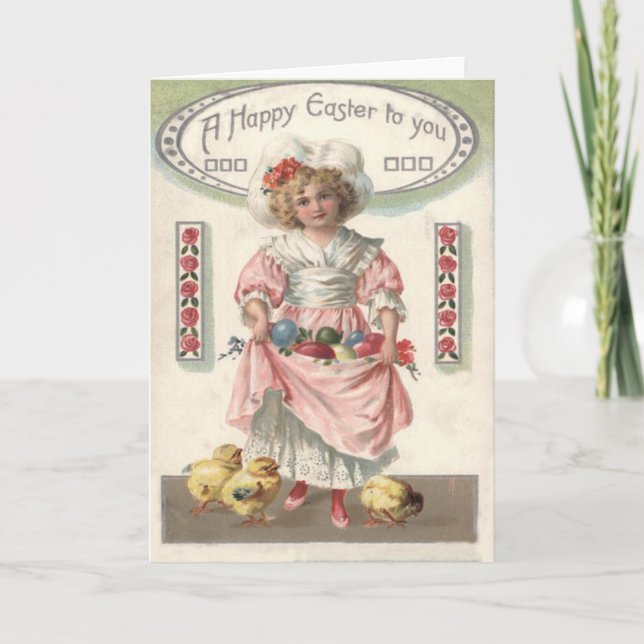 Victorian Girl Painted Coloured Easter Egg Rose Holiday Card (Front)