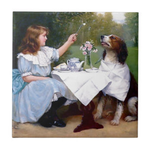 Victorian Girl Pet Dog Table Manners Painting Tile