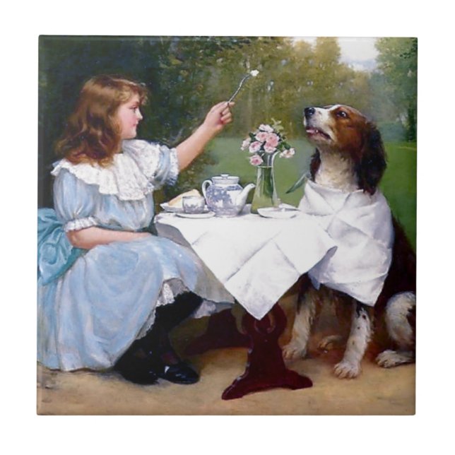 Victorian Girl Pet Dog Table Manners Painting Tile (Front)