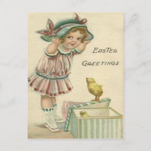 Victorian Girl Present Easter Chick Holiday Postcard