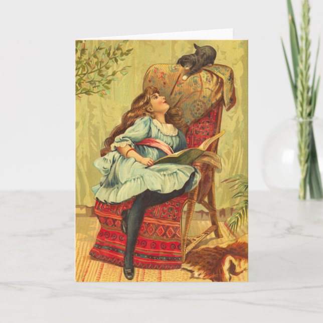Victorian Girl Reading a Book With Her Cat Card (Front)