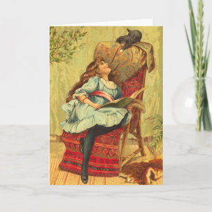 Victorian Girl Reading a Book With Her Cat Card